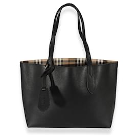 Burberry-Burberry Black Leather & Haymarket Canvas Small Reversible Tote -Black