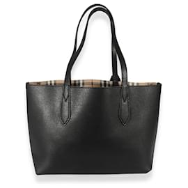 Burberry-Burberry Black Leather & Haymarket Canvas Small Reversible Tote -Black