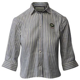 Camicia Gucci Rigata con Ricamo Cavolfiore in Lino Azzurro Blu Blu chiaro