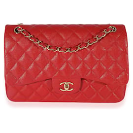 Chanel-Chanel Red Quilted Caviar Jumbo Classic Double Flap Bag -Red