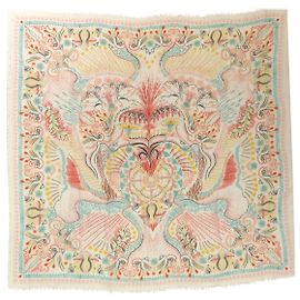Dior Shawl 135cm in multicolour abstract leaf design on cream cashmere Other Python print
