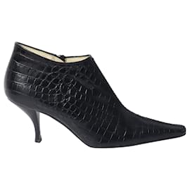 Prada-Prada Croc-Effect Pointed Ankle Boots in Black Leather-Black