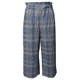 Ganni-Pantalones capri de pernera ancha a cuadros de algodón orgánico azul de seersucker de Ganni-Otro