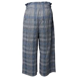 Ganni-Ganni Seersucker Checked Wide-leg Cropped Pants in Blue Organic Cotton -Other