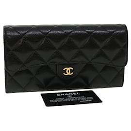 Chanel-CHANEL Matelasse Long Wallet Caviar Skin Black CC Auth 31548a-Black