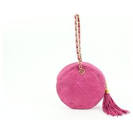 Chanel-Hot Pink Quilted Suede Fringe Tassel Round Clutch on Chain-Other