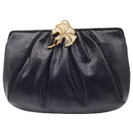 Judith Leiber Pochette vintage en cuir de serpent noir orné de cristaux Noir