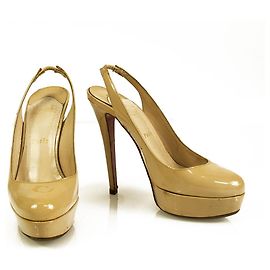 Christian Louboutin Bianca Beige Patent Leather Slingback Platform Heels 37.5 Beige
