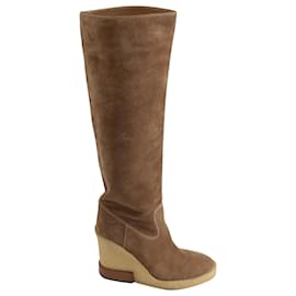 Tod's-Tods Knee Length Wedge Boots in Brown Suede-Brown