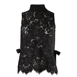 Ganni-Ganni Ribbon-trimmed Corded Lace Sleeveless Top in Black Cotton-Black