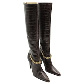Céline-Brown Croc Embossed Leather Boots with Gold Chain-Brown