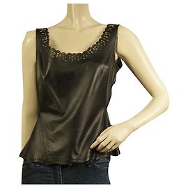 Zac Posen Black Laser Cut Leather Front Silk Back Sleeveless Tank Top size 8 Black