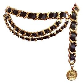 Chanel-Chanel vintage 98a, 1998 Fall Wide Leather Gold Plated Multi Chain Belt with Coco Head/CC Medallion-Black
