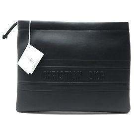 NEW HANDBAG POCHETTE CHRISTIAN DIOR STRIPE POUCH S5543BLACK LEATHER CGSB Black