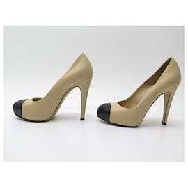 Chanel-CHANEL G SHOES28289 Pumps 36 TWO-TONE LEATHER BEIGE BLACK SHOES-Other