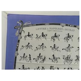 Hermès-RARO SCIARPA VINTAGE HERMES LETTERA DA NAPOLEONE A MURAT 1950 SCIARPA GRYGKAR-Blu
