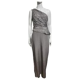 Marchesa-One shouldered pear grey silk and lace Marchesa Notte maxi dress-Grey