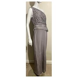 Marchesa-One shouldered pear grey silk and lace Marchesa Notte maxi dress-Grey