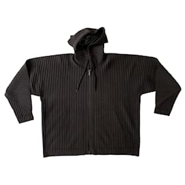 Issey Miyake-Homme Plissé grey zip up hooded cardigan-Dark grey