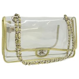 Chanel-CHANEL Bolsa de Ombro com Corrente Turn Lock Vinil Couro Transparente Ouro CC Auth 31781-Dourado,Outro