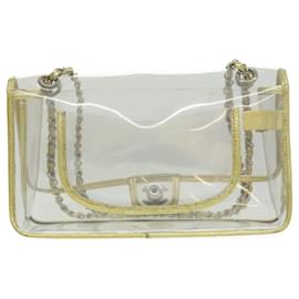 Chanel-CHANEL Bolsa de Ombro com Corrente Turn Lock Vinil Couro Transparente Ouro CC Auth 31781-Dourado,Outro