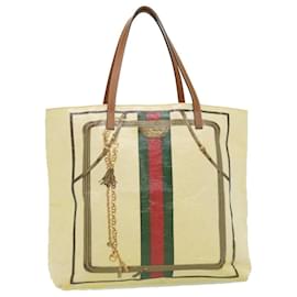 Gucci-GUCCI Web Sherry Line print Tote Bag Vinyl Beige Red Green Auth 31591-Red,Beige,Green
