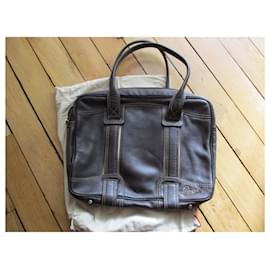 Lancel-Chocolate leather computer bag. mixed.-Brown