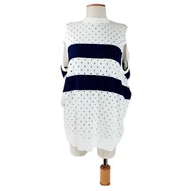 Rodier Oversize Strickjacke Weiß Navy Blau Baumwolle Kaschmir Weiß Marineblau