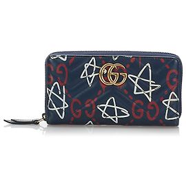 Gucci Blue GG Marmont Ghost Leather Zip Around Wallet Blue Multiple colors Navy blue