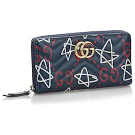 Gucci-Gucci Blue GG Marmont Ghost Leather Zip Around Wallet-Blue,Multiple colors,Navy blue