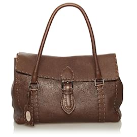 Fendi-Sac à main en cuir marron Selleria Linda Fendi-Marron,Marron foncé