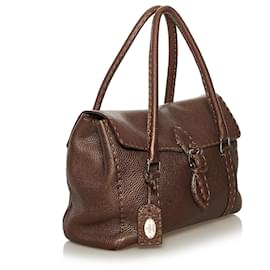 Fendi-Sac à main en cuir marron Selleria Linda Fendi-Marron,Marron foncé