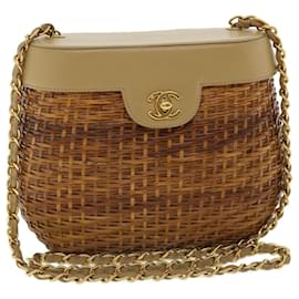 Chanel-CHANEL Basket Chain Shoulder Bag Leather rattan Brown CC Auth 31896a-Brown