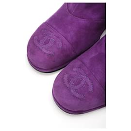 Chanel-CC Logo Purple Suede Block Heel Ankle Boots-Purple