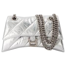 Balenciaga-Crush Bag With Chain in Metallic Silver Leather-Silvery,Metallic