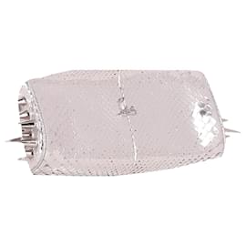 Christian Louboutin-Christian Louboutin Snakeskin Effect Marquise Spiked Clutch in Silver Leather-Silvery,Metallic