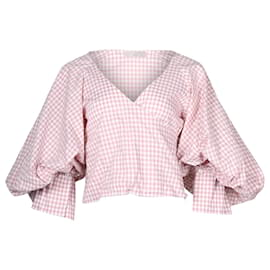Autre Marque-Caroline Constas Checked Balloon Sleeve Top in Pink and White Cotton -Other