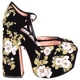 Rochas Floral Platform Heels en Daim Noir Autre
