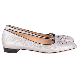 Charlotte Olympia Glitter Cat Flat Loafers in Silver Leather Silvery Metallic