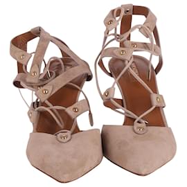 Aquazzura-Aquazzura Caged Lace-Up Pumps in Beige Suede -Beige