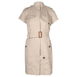 Céline-Celine Short Sleeved Trench Coat Dress in Beige Cotton-Brown,Beige