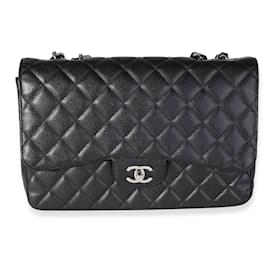 Chanel-Chanel Black Quilted Caviar Jumbo Classic Single Flap Bag -Black