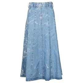Ganni-Ganni Saia midi cintura alta branqueada em jeans de algodão azul-Azul