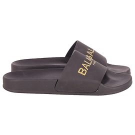 Balmain Logo Flat Slides in Black Rubber Black