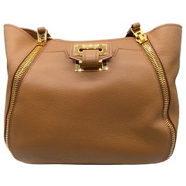 Tom Ford Sedgewick Medium Zip Detail Tan Leather Tote  Brown