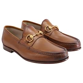 Gucci-Gucci Jordaan Horsebit Loafer in Brown Burnished Leather -Brown,Red