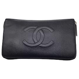 Chanel-Chanel Black Cc Logo Embossed Zip-around Grained Leather Wallet -Black