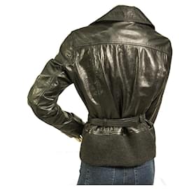 Dolce & Gabbana-Dolce & Gabbana Black Leather Designer lined Breasted Belted Jacket size 44-Black