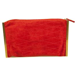Lanvin-Lanvin Red Suede w. Gold Tone Metal Sides Diamond Stitch clutch Bag Handbag-Red