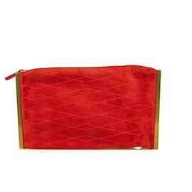 Lanvin-Lanvin Red Suede w. Gold Tone Metal Sides Diamond Stitch clutch Bag Handbag-Red